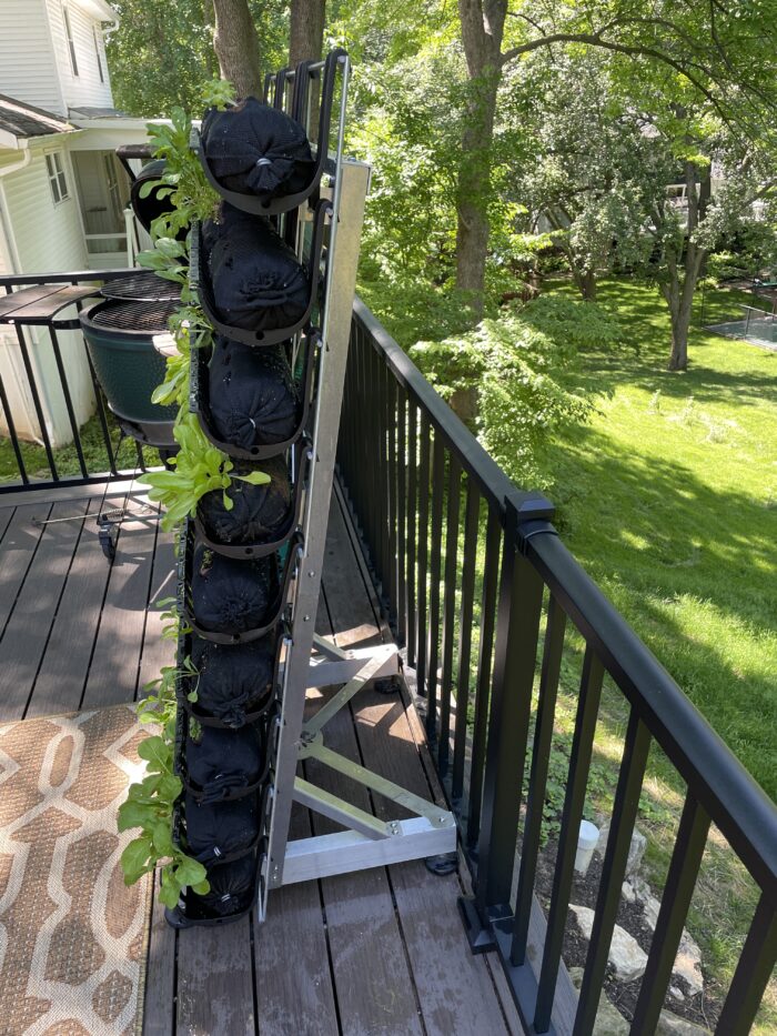 Side view of vertical garden rack on balcony